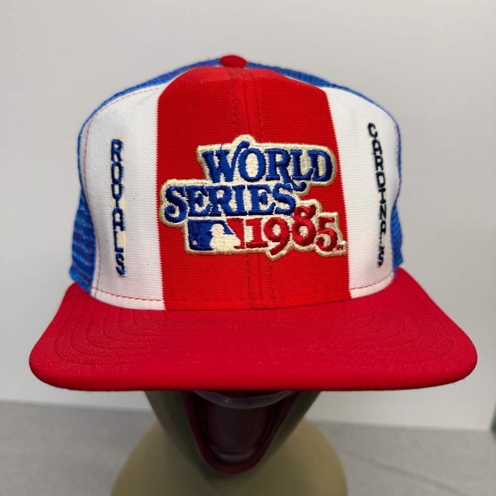Vintage 1985 World Series MLB Trucker Hat Royals vs Cardinals Red White Blue AJD
